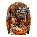 Personalised Wests Tigers Long Sleeve Shirt Polynesian Tribal Art Style With Powerful Tiger Mascot