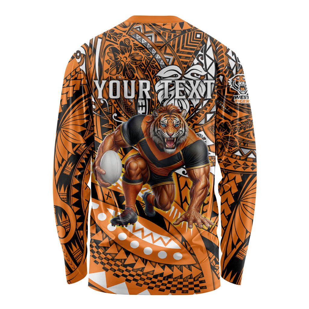 Personalised Wests Tigers Long Sleeve Shirt Polynesian Tribal Art Style With Powerful Tiger Mascot