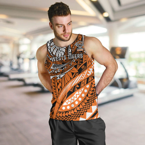 Personalised Wests Tigers Men Tank Top Polynesian Tribal Art Style With Powerful Tiger Mascot