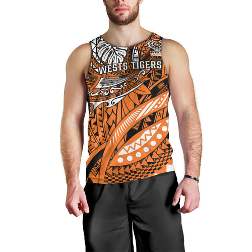 Personalised Wests Tigers Men Tank Top Polynesian Tribal Art Style With Powerful Tiger Mascot