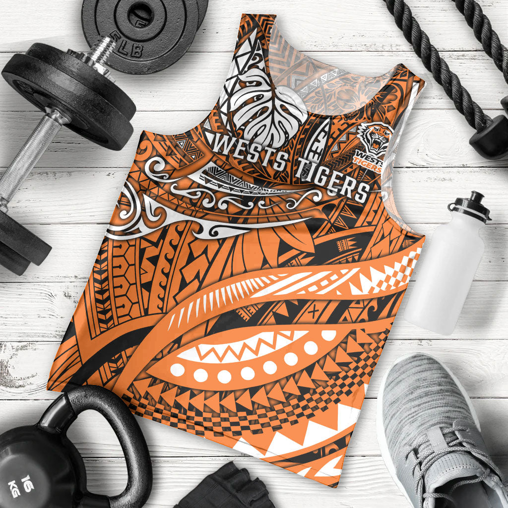Personalised Wests Tigers Men Tank Top Polynesian Tribal Art Style With Powerful Tiger Mascot
