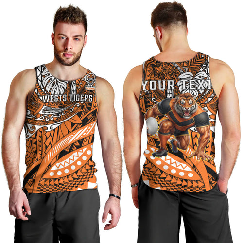 Personalised Wests Tigers Men Tank Top Polynesian Tribal Art Style With Powerful Tiger Mascot