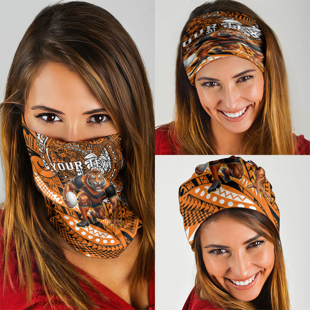 Personalised Wests Tigers Neck Gaiter Polynesian Tribal Art Style With Powerful Tiger Mascot