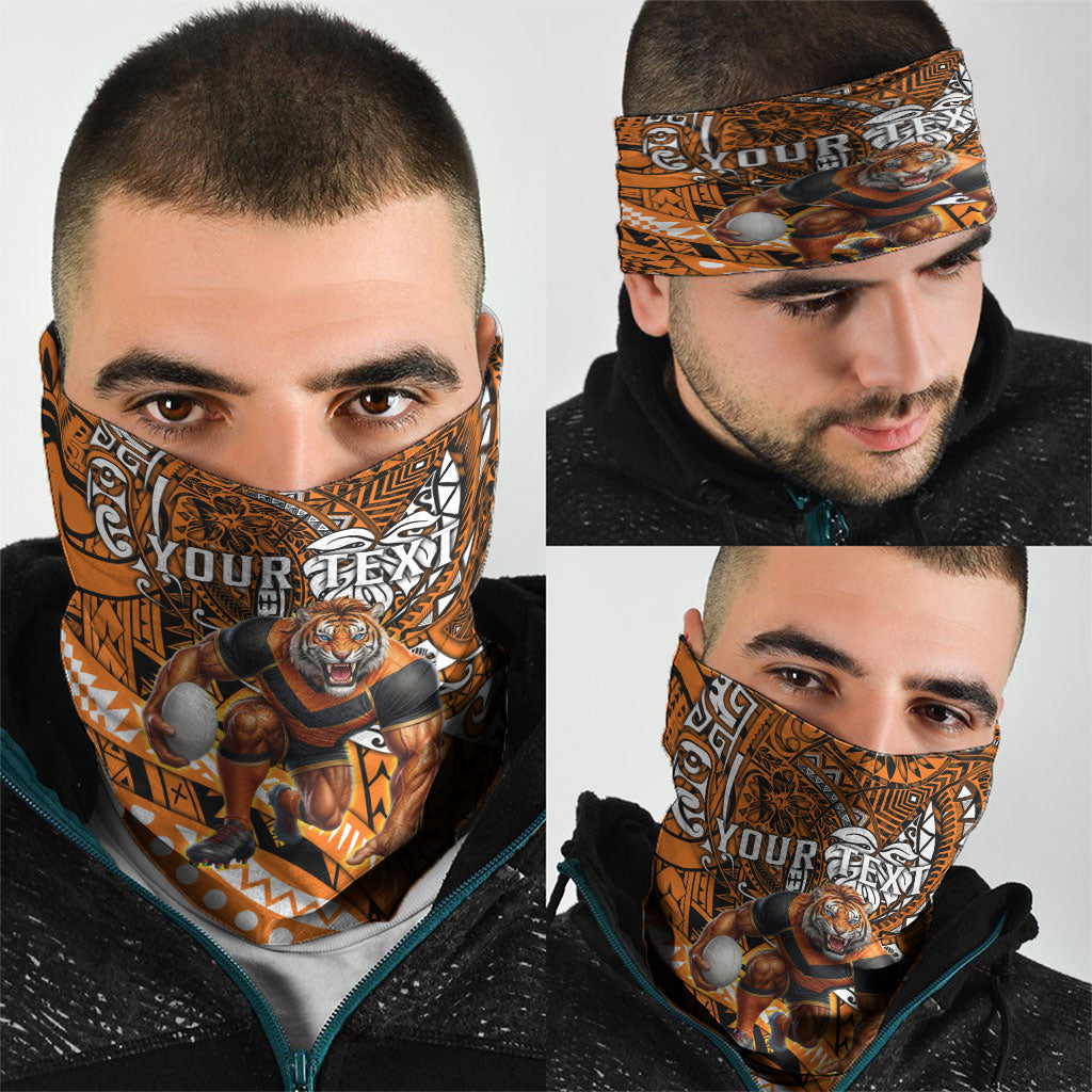 Personalised Wests Tigers Neck Gaiter Polynesian Tribal Art Style With Powerful Tiger Mascot