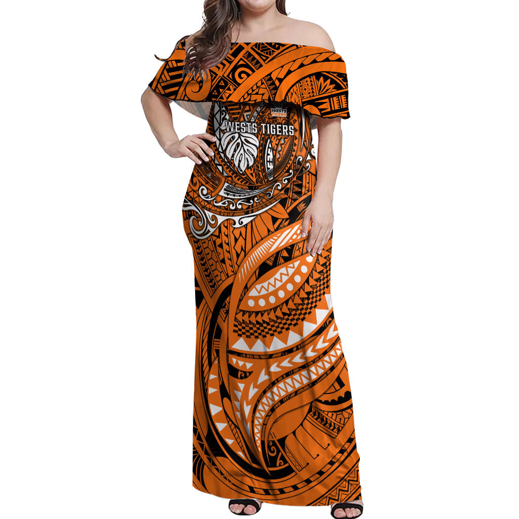 Personalised Wests Tigers Off Shoulder Maxi Dress Polynesian Tribal Art Style With Powerful Tiger Mascot