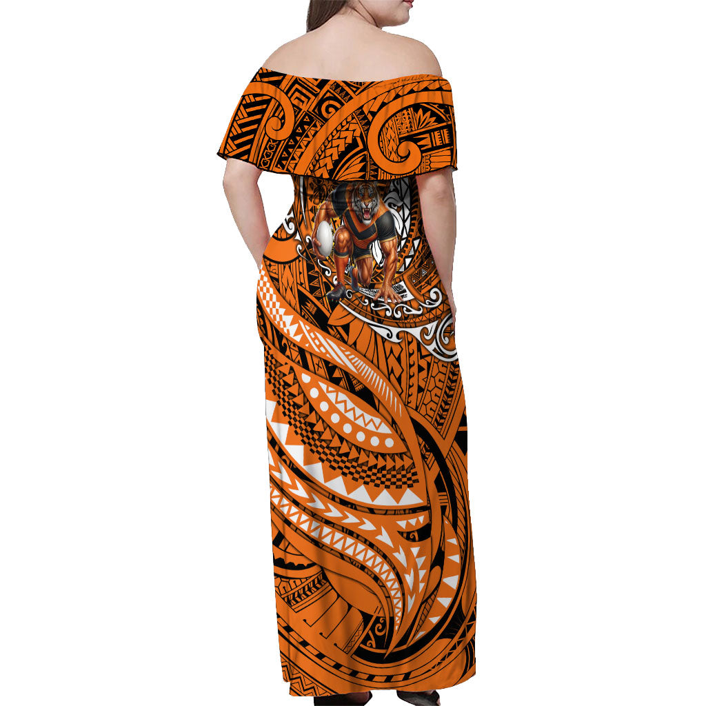 Personalised Wests Tigers Off Shoulder Maxi Dress Polynesian Tribal Art Style With Powerful Tiger Mascot