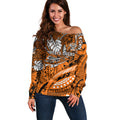 Personalised Wests Tigers Off Shoulder Sweater Polynesian Tribal Art Style With Powerful Tiger Mascot