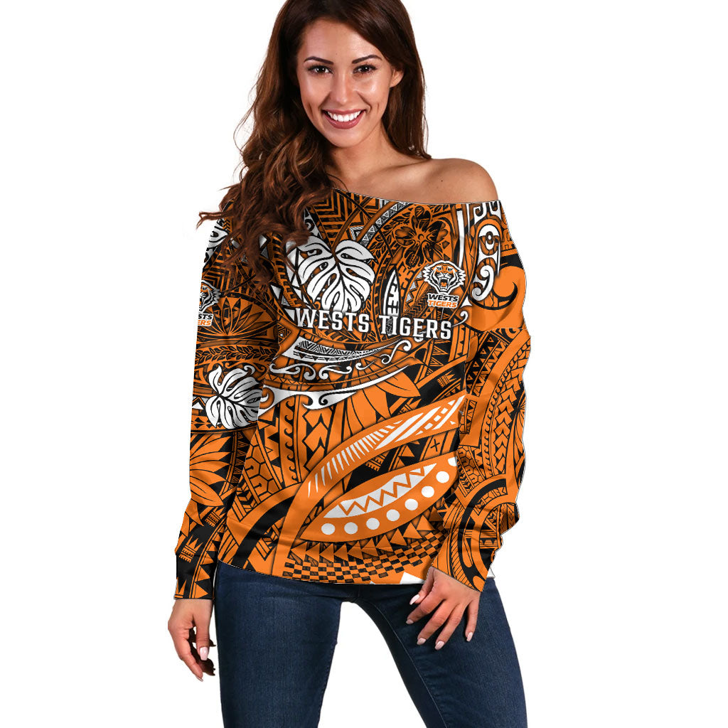Personalised Wests Tigers Off Shoulder Sweater Polynesian Tribal Art Style With Powerful Tiger Mascot
