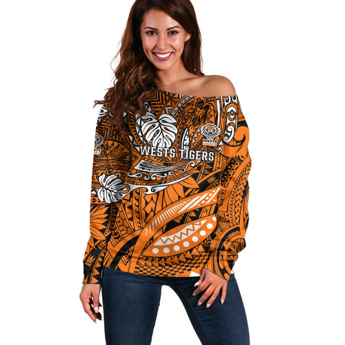 Personalised Wests Tigers Off Shoulder Sweater Polynesian Tribal Art Style With Powerful Tiger Mascot