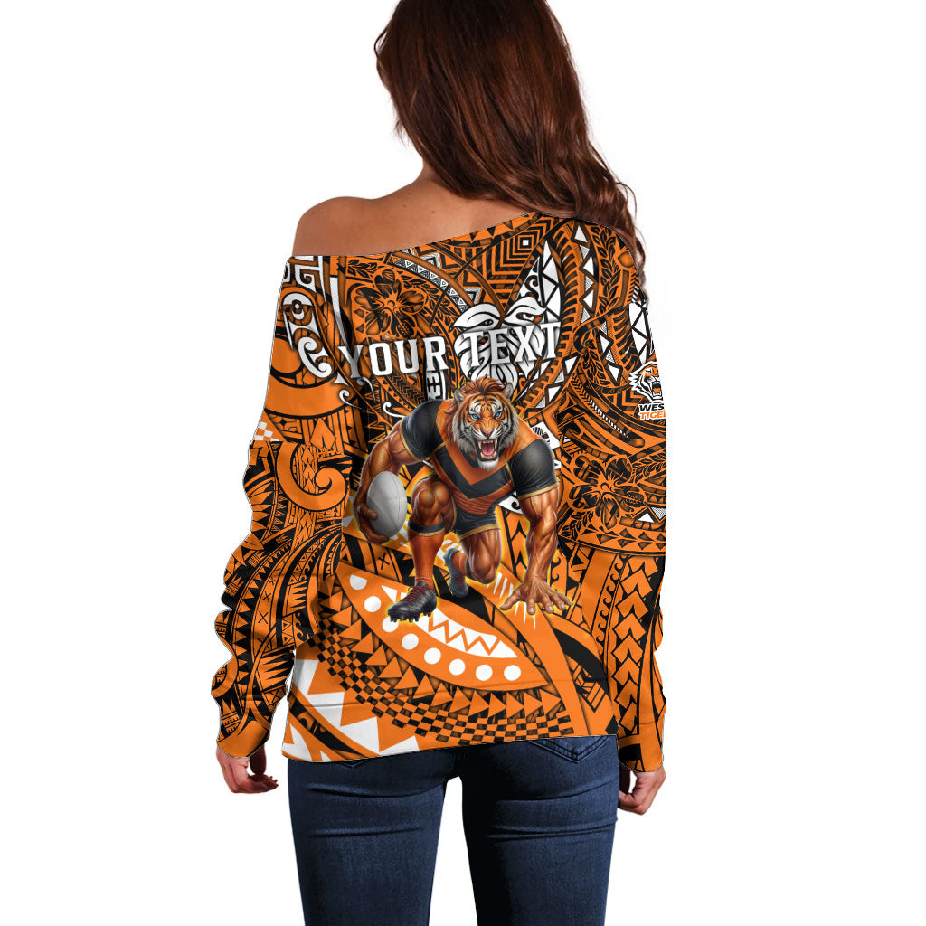 Personalised Wests Tigers Off Shoulder Sweater Polynesian Tribal Art Style With Powerful Tiger Mascot