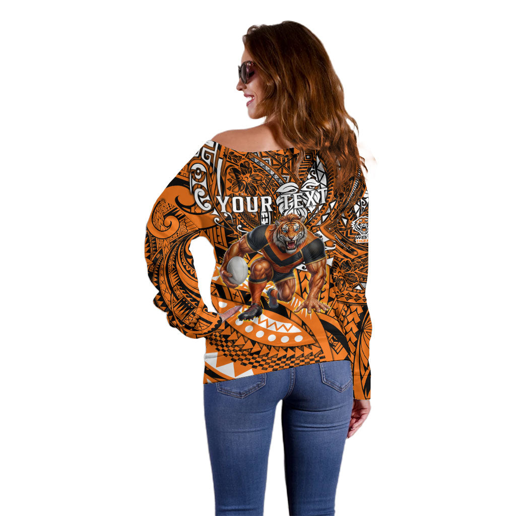 Personalised Wests Tigers Off Shoulder Sweater Polynesian Tribal Art Style With Powerful Tiger Mascot