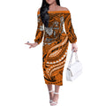Personalised Wests Tigers Off The Shoulder Long Sleeve Dress Polynesian Tribal Art Style With Powerful Tiger Mascot