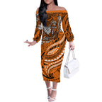 Personalised Wests Tigers Off The Shoulder Long Sleeve Dress Polynesian Tribal Art Style With Powerful Tiger Mascot