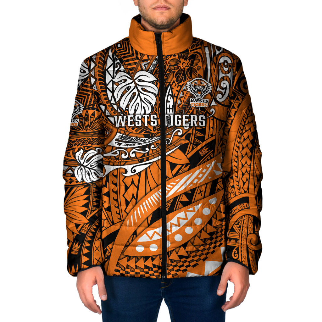 Personalised Wests Tigers Padded Jacket Polynesian Tribal Art Style With Powerful Tiger Mascot