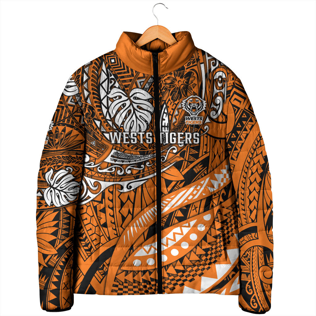 Personalised Wests Tigers Padded Jacket Polynesian Tribal Art Style With Powerful Tiger Mascot