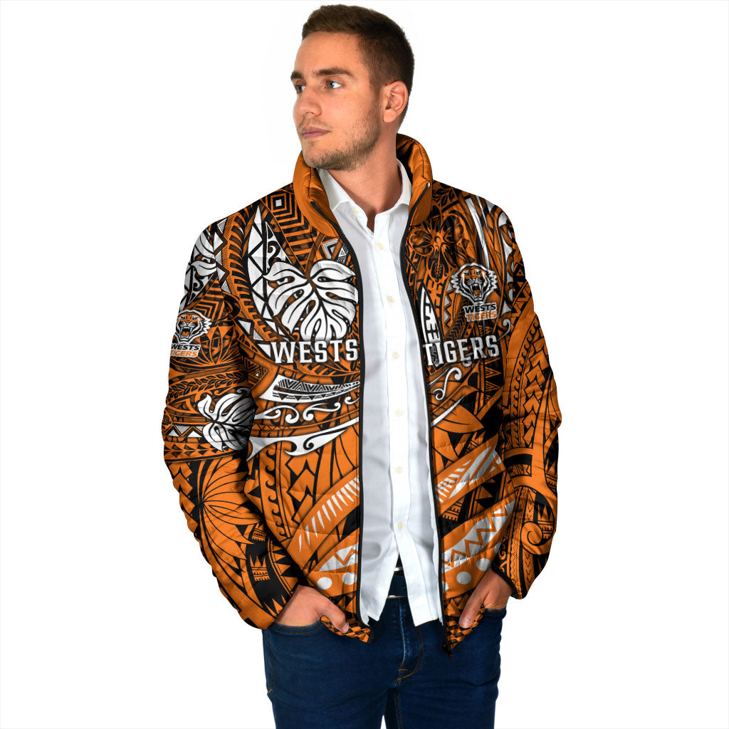 Personalised Wests Tigers Padded Jacket Polynesian Tribal Art Style With Powerful Tiger Mascot