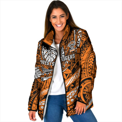 Personalised Wests Tigers Padded Jacket Polynesian Tribal Art Style With Powerful Tiger Mascot