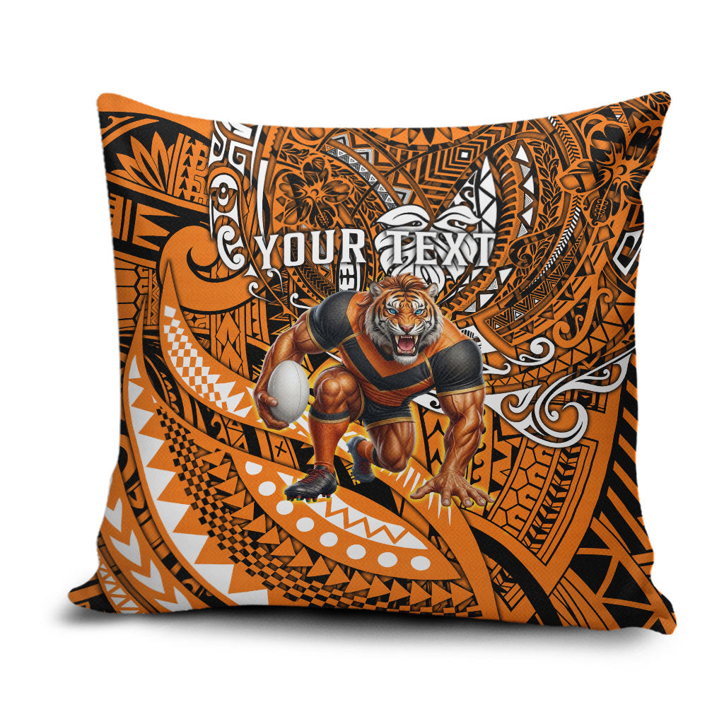 Personalised Wests Tigers Pillow Cover Polynesian Tribal Art Style With Powerful Tiger Mascot