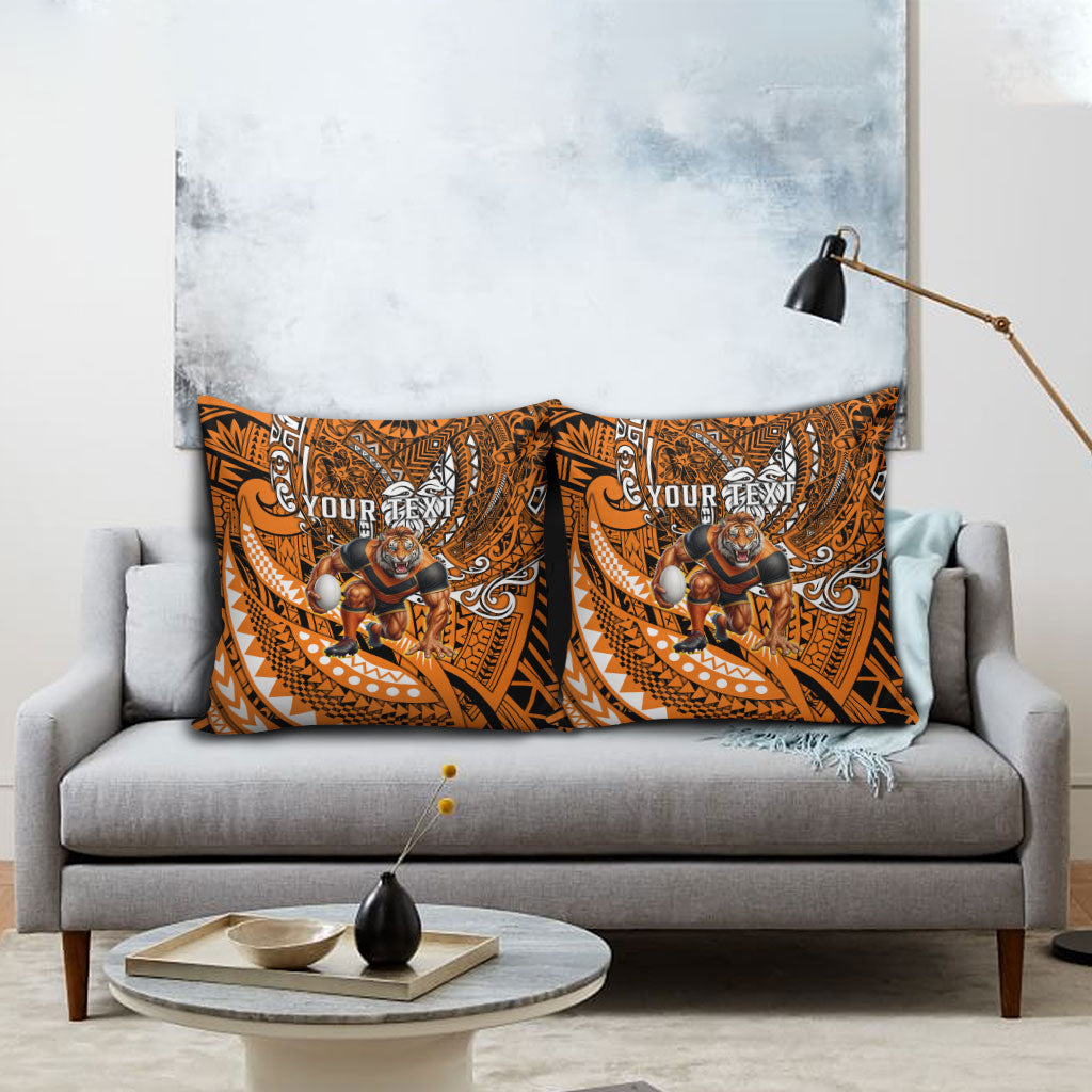 Personalised Wests Tigers Pillow Cover Polynesian Tribal Art Style With Powerful Tiger Mascot
