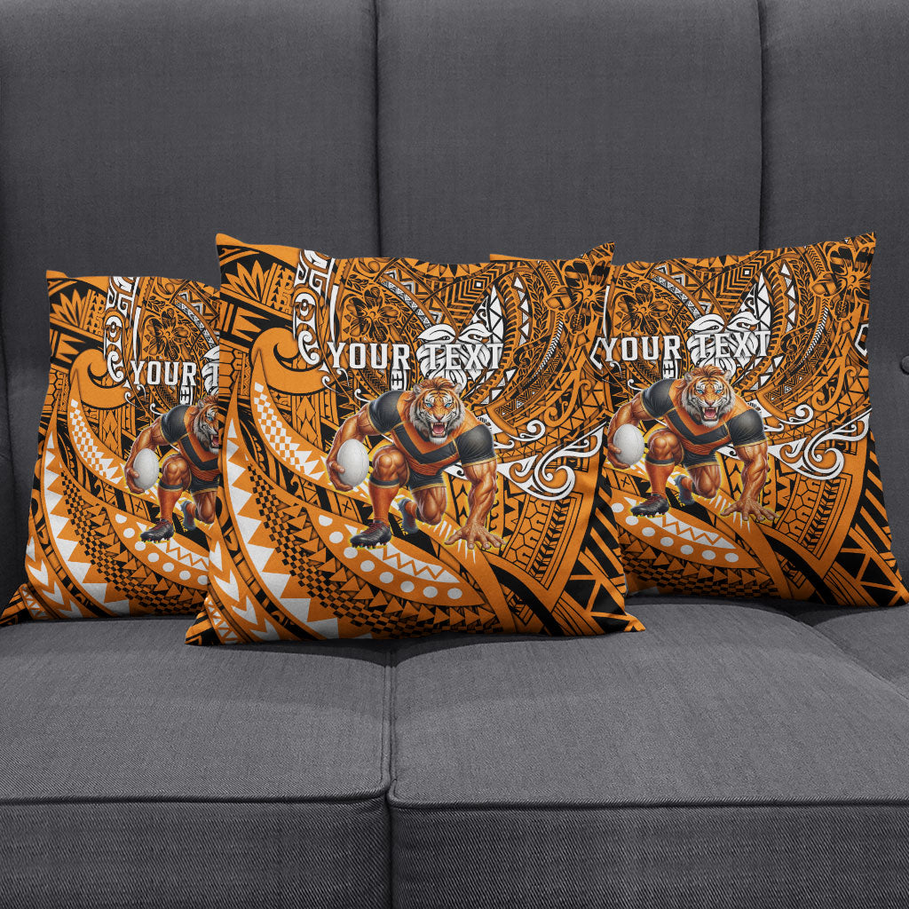 Personalised Wests Tigers Pillow Cover Polynesian Tribal Art Style With Powerful Tiger Mascot