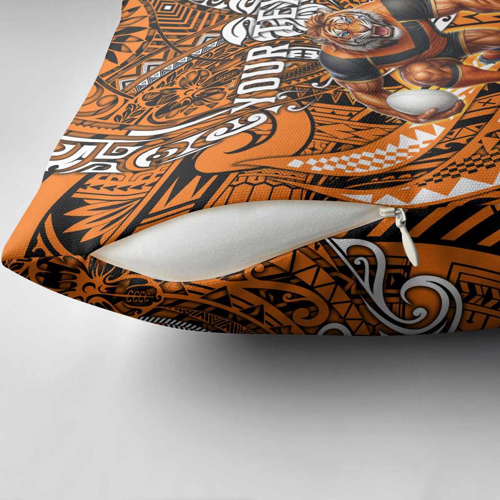 Personalised Wests Tigers Pillow Cover Polynesian Tribal Art Style With Powerful Tiger Mascot