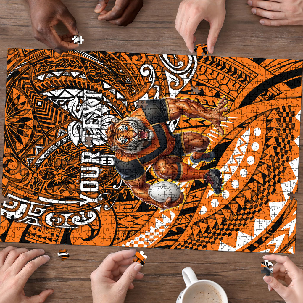 Personalised Wests Tigers Puzzle Polynesian Tribal Art Style With Powerful Tiger Mascot