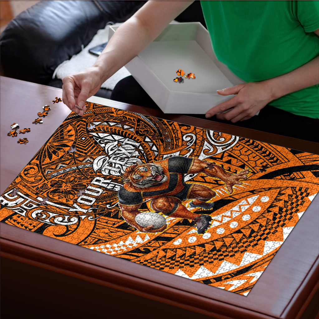 Personalised Wests Tigers Puzzle Polynesian Tribal Art Style With Powerful Tiger Mascot
