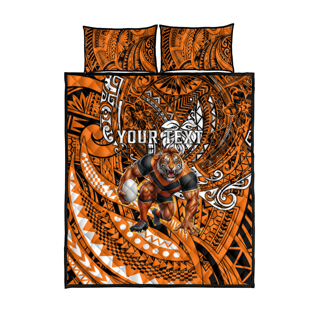 Personalised Wests Tigers Quilt Bed Set Polynesian Tribal Art Style With Powerful Tiger Mascot