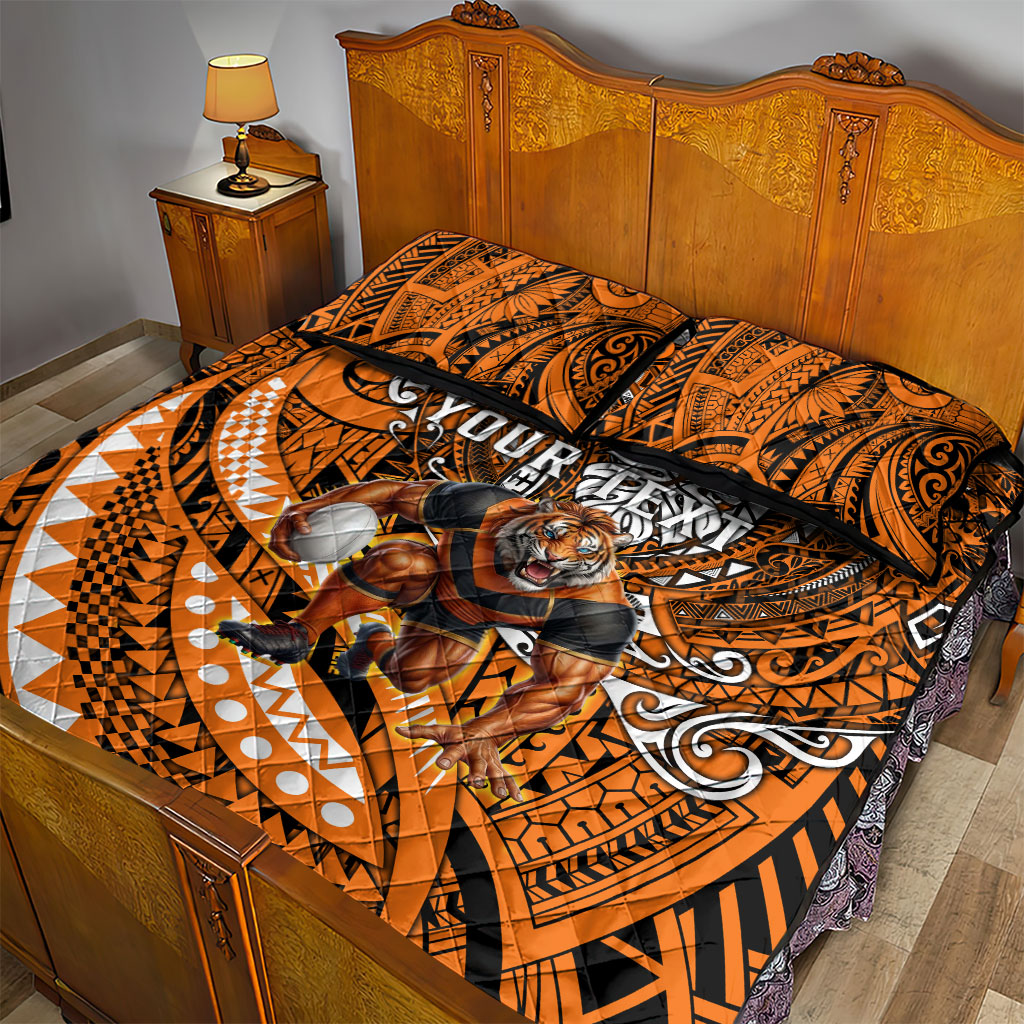 Personalised Wests Tigers Quilt Bed Set Polynesian Tribal Art Style With Powerful Tiger Mascot