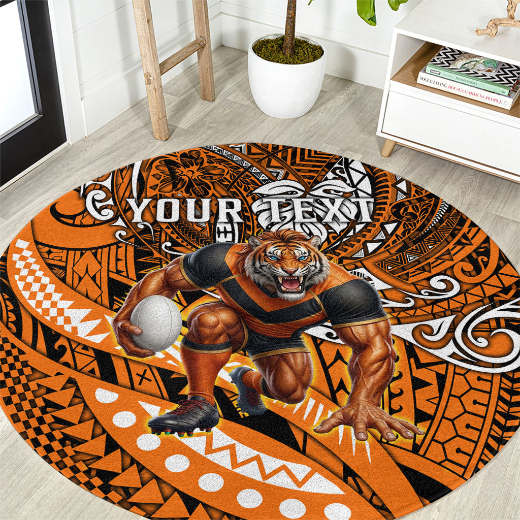 Personalised Wests Tigers Round Carpet Polynesian Tribal Art Style With Powerful Tiger Mascot