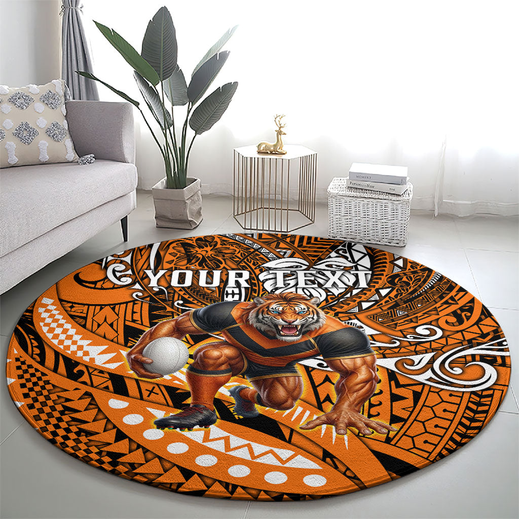 Personalised Wests Tigers Round Carpet Polynesian Tribal Art Style With Powerful Tiger Mascot
