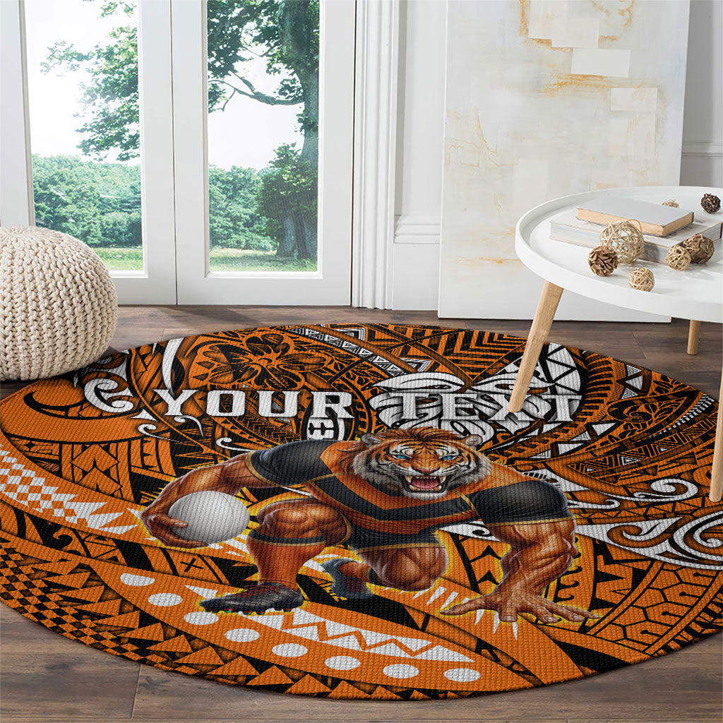 Personalised Wests Tigers Round Carpet Polynesian Tribal Art Style With Powerful Tiger Mascot