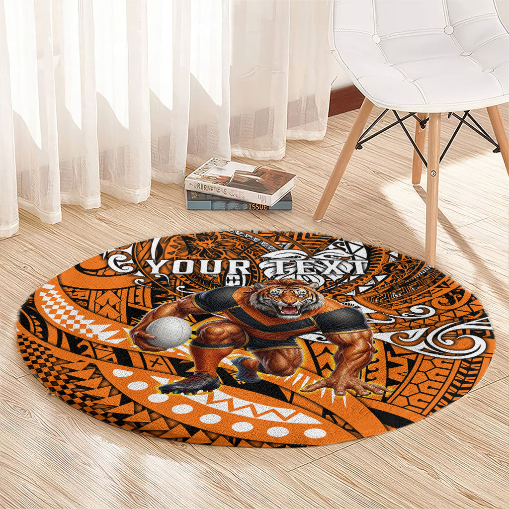 Personalised Wests Tigers Round Carpet Polynesian Tribal Art Style With Powerful Tiger Mascot