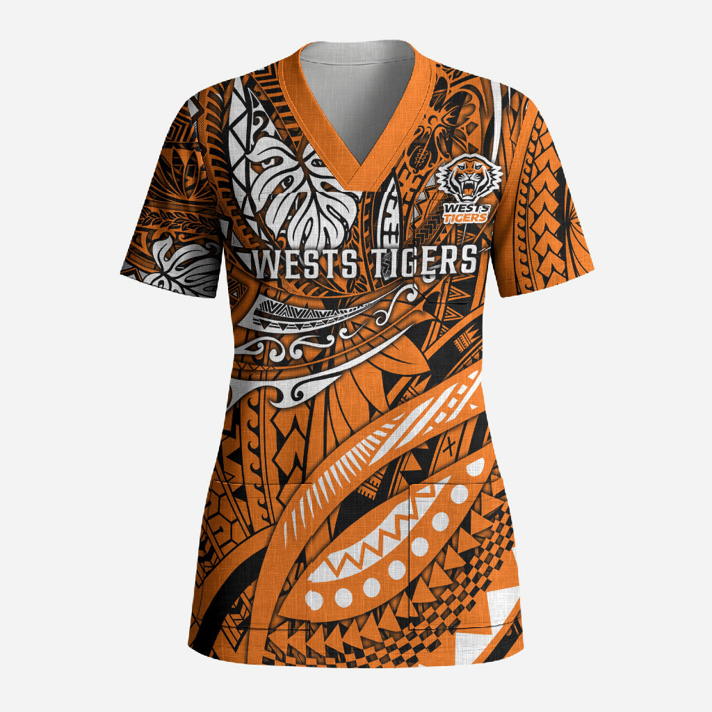 Personalised Wests Tigers Scrub Top Polynesian Tribal Art Style With Powerful Tiger Mascot
