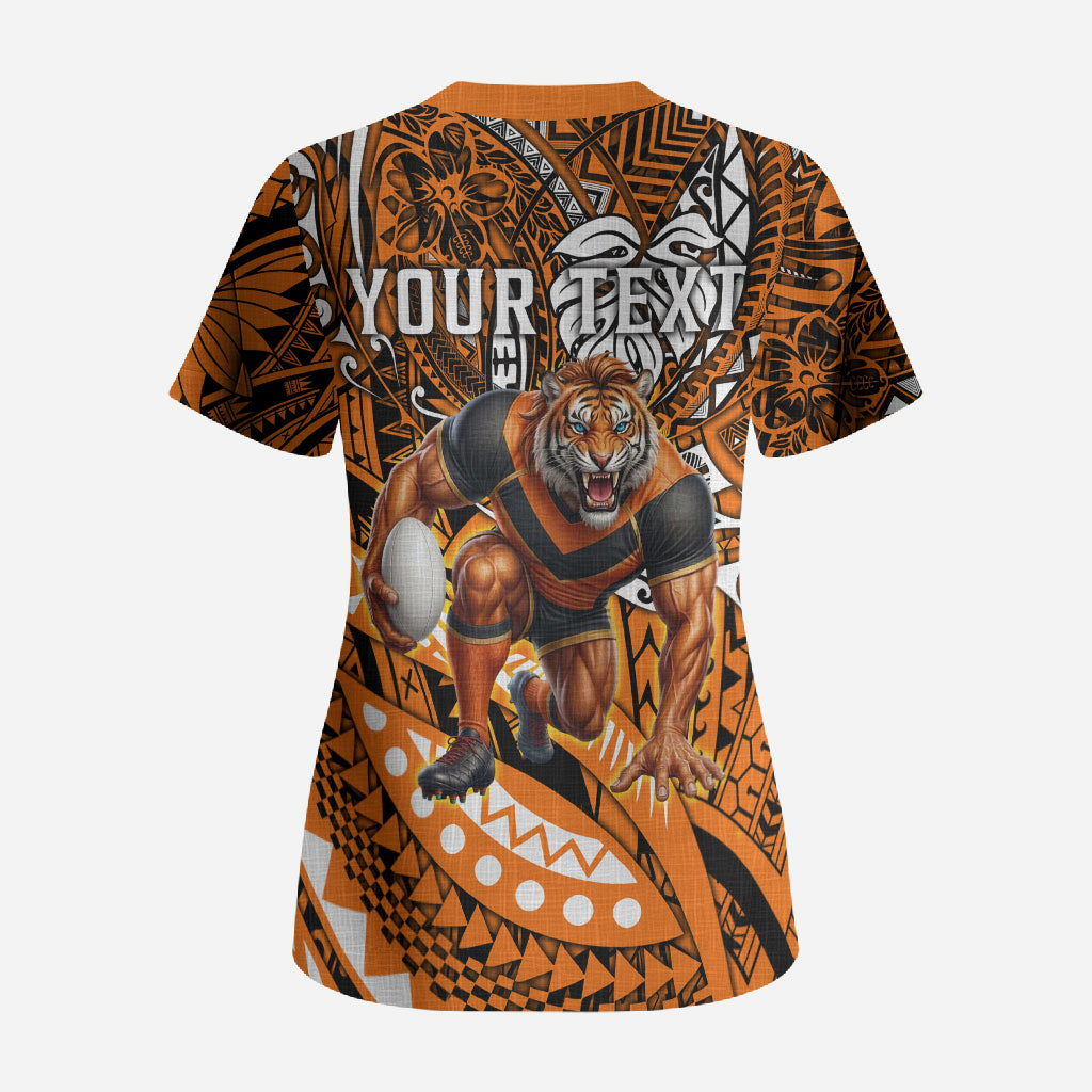 Personalised Wests Tigers Scrub Top Polynesian Tribal Art Style With Powerful Tiger Mascot
