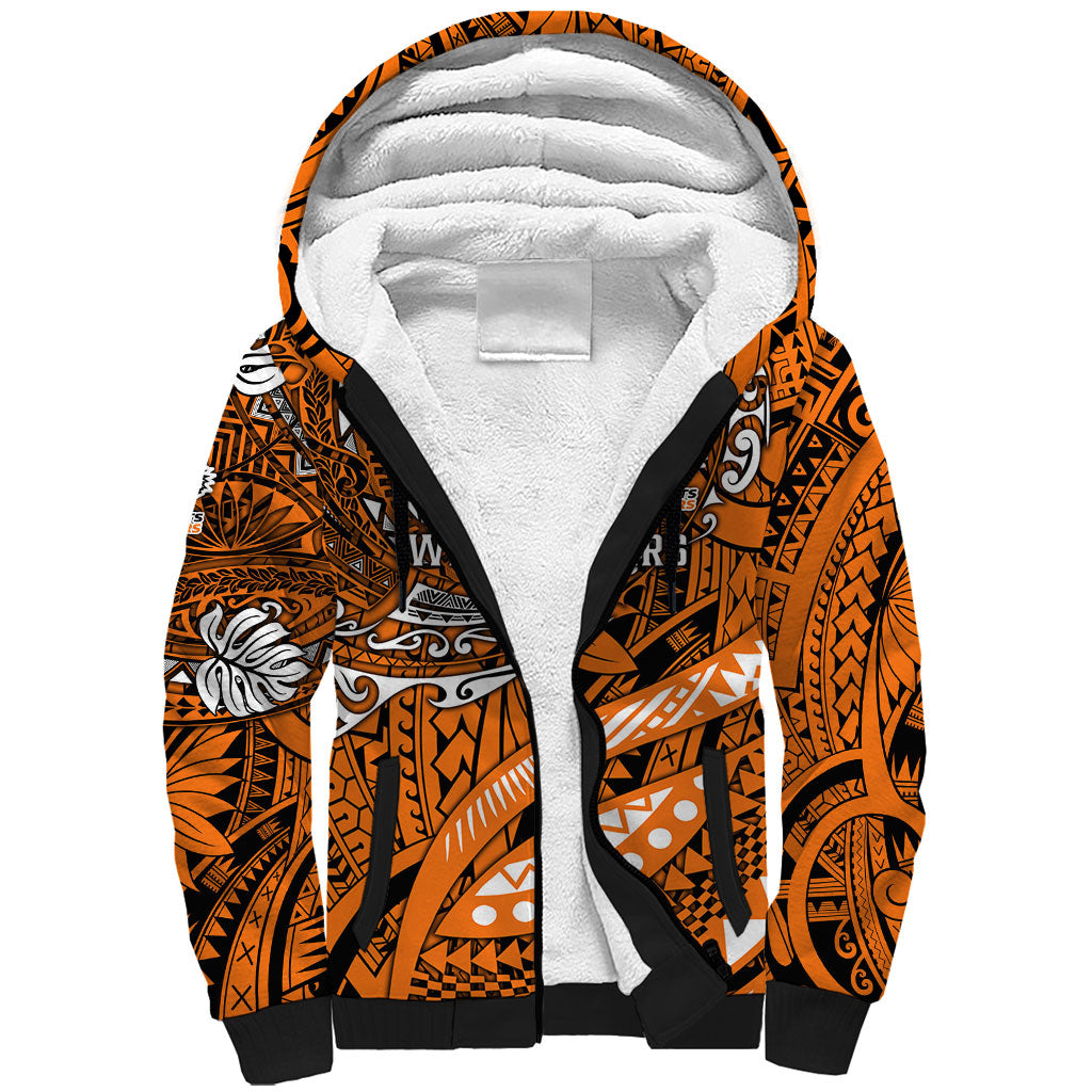 Personalised Wests Tigers Sherpa Hoodie Polynesian Tribal Art Style With Powerful Tiger Mascot