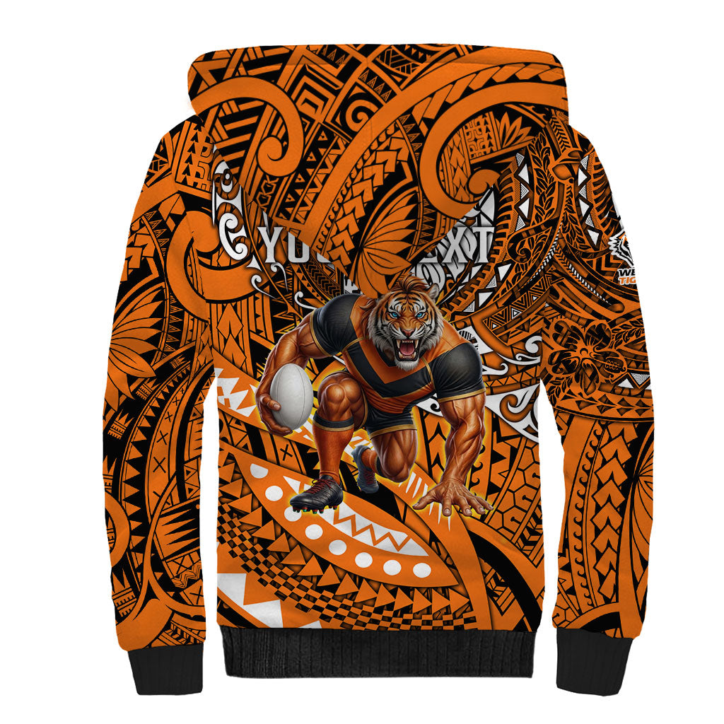 Personalised Wests Tigers Sherpa Hoodie Polynesian Tribal Art Style With Powerful Tiger Mascot