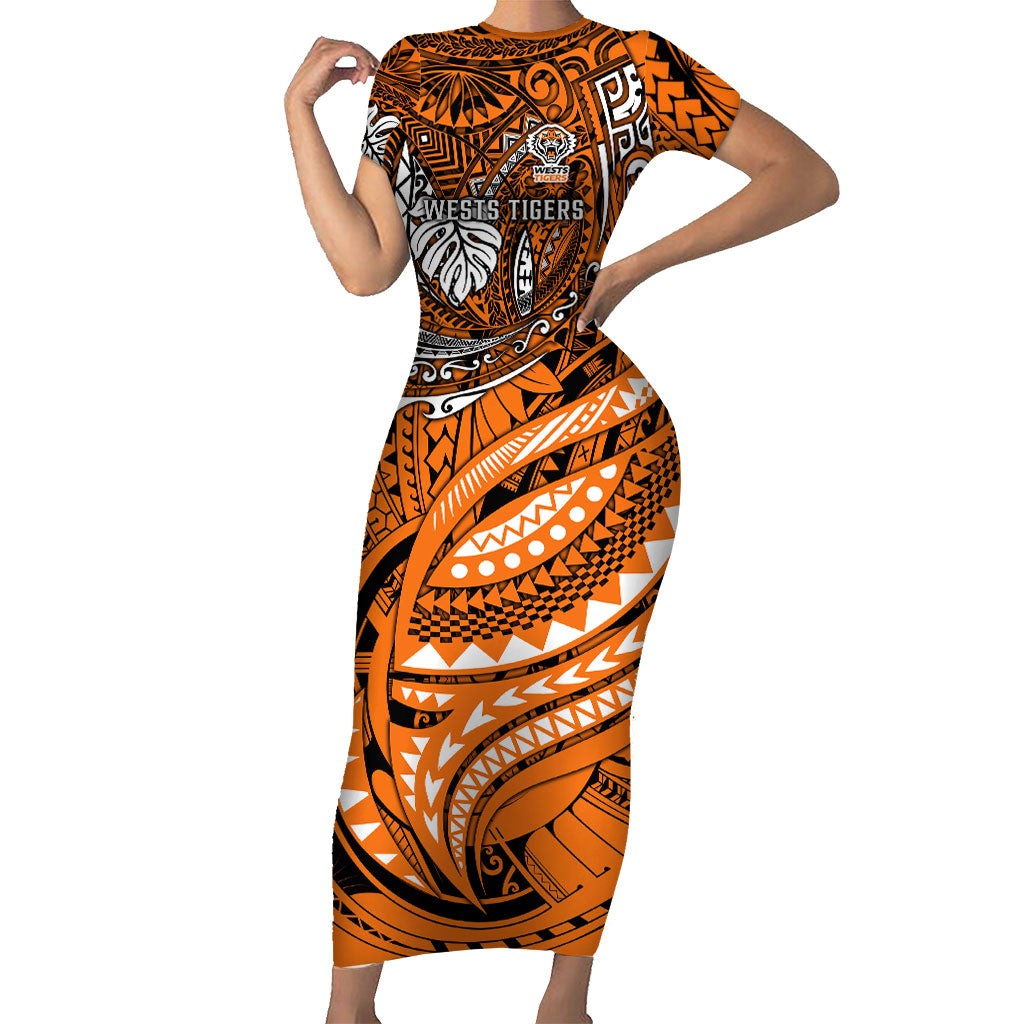 Personalised Wests Tigers Short Sleeve Bodycon Dress Polynesian Tribal Art Style With Powerful Tiger Mascot
