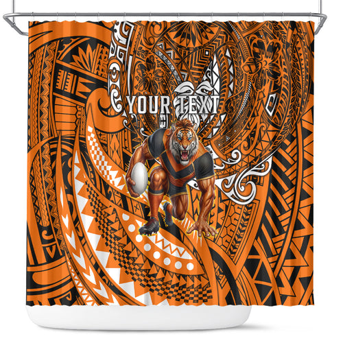 Personalised Wests Tigers Shower Curtain Polynesian Tribal Art Style With Powerful Tiger Mascot