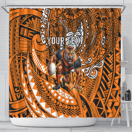 Personalised Wests Tigers Shower Curtain Polynesian Tribal Art Style With Powerful Tiger Mascot