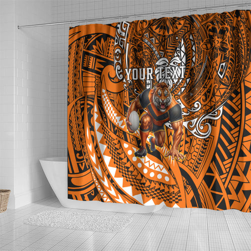 Personalised Wests Tigers Shower Curtain Polynesian Tribal Art Style With Powerful Tiger Mascot