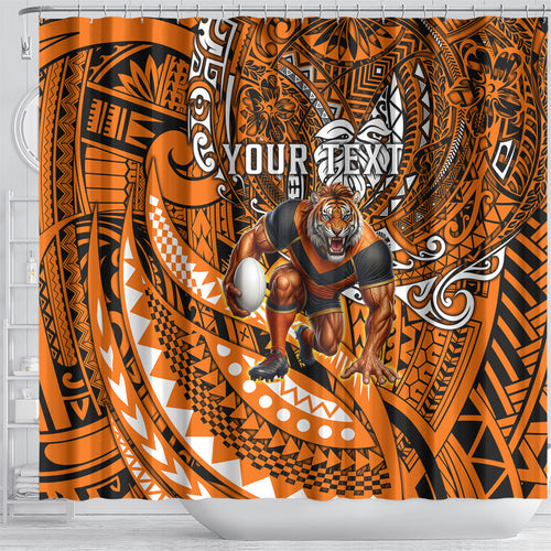 Personalised Wests Tigers Shower Curtain Polynesian Tribal Art Style With Powerful Tiger Mascot