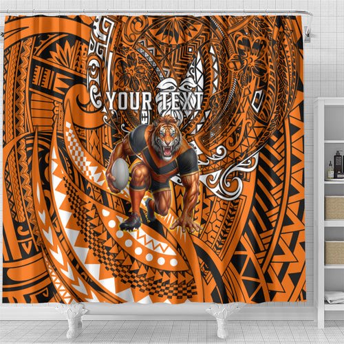 Personalised Wests Tigers Shower Curtain Polynesian Tribal Art Style With Powerful Tiger Mascot