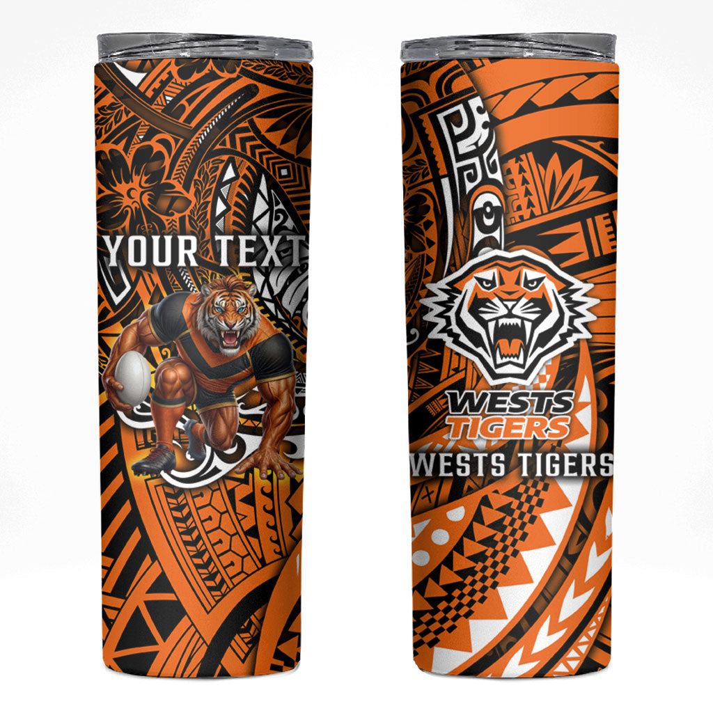 Personalised Wests Tigers Skinny Tumbler Polynesian Tribal Art Style With Powerful Tiger Mascot