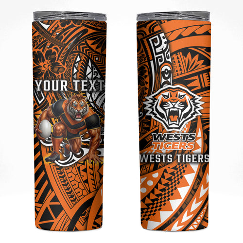 Personalised Wests Tigers Skinny Tumbler Polynesian Tribal Art Style With Powerful Tiger Mascot