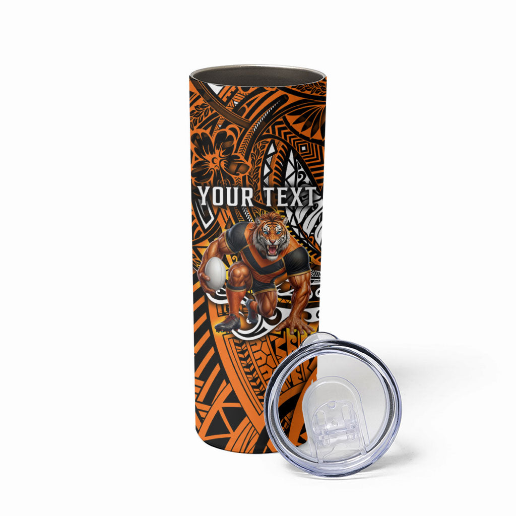 Personalised Wests Tigers Skinny Tumbler Polynesian Tribal Art Style With Powerful Tiger Mascot