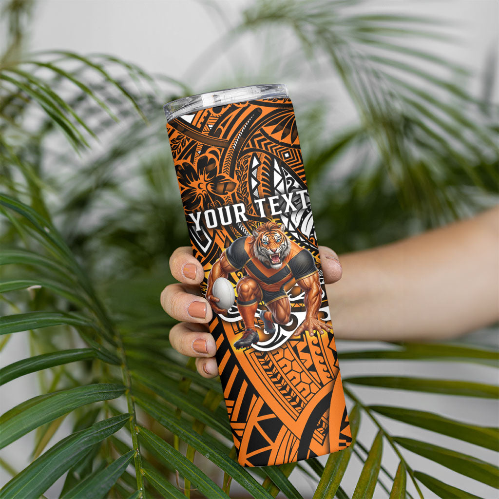 Personalised Wests Tigers Skinny Tumbler Polynesian Tribal Art Style With Powerful Tiger Mascot