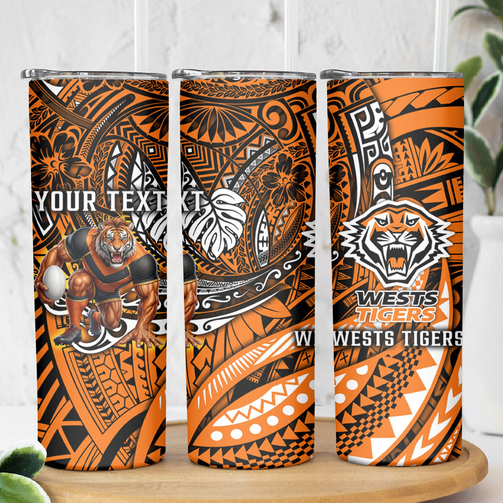 Personalised Wests Tigers Skinny Tumbler Polynesian Tribal Art Style With Powerful Tiger Mascot