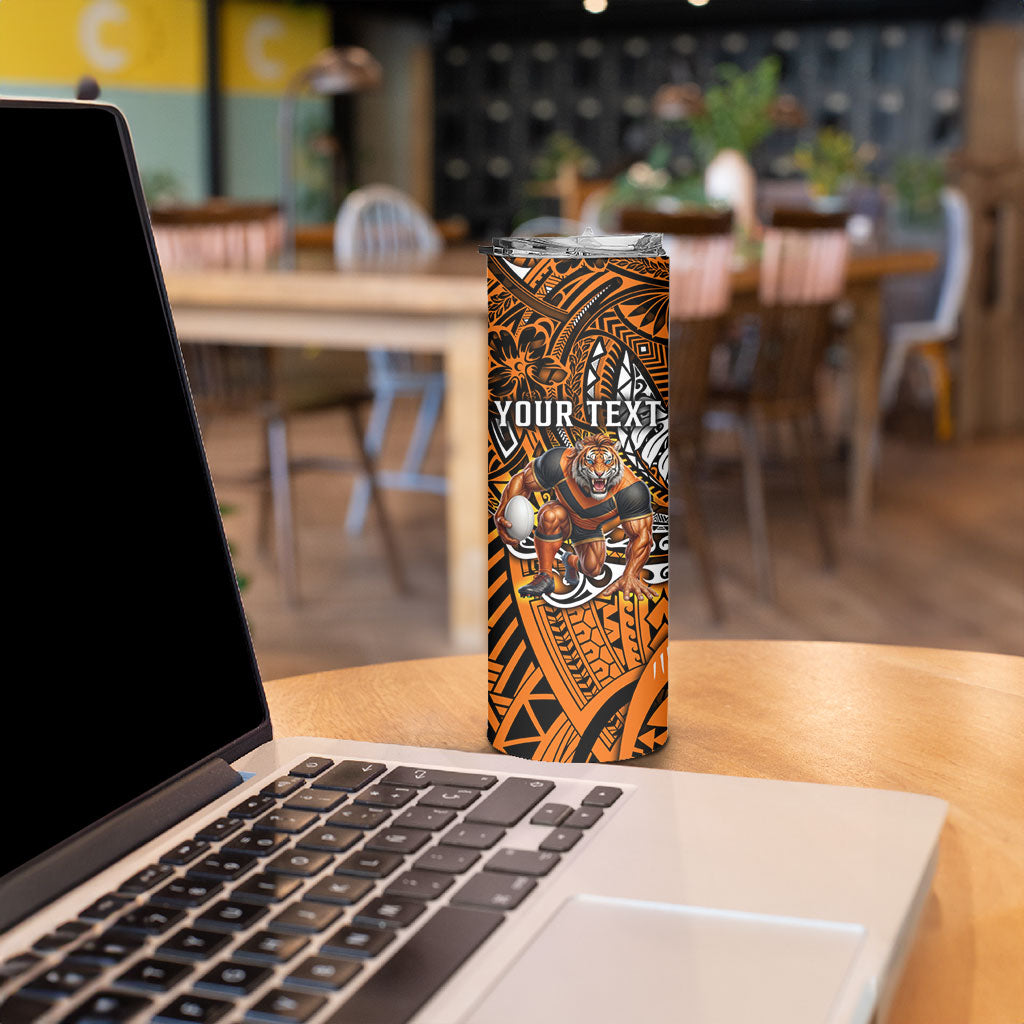 Personalised Wests Tigers Skinny Tumbler Polynesian Tribal Art Style With Powerful Tiger Mascot