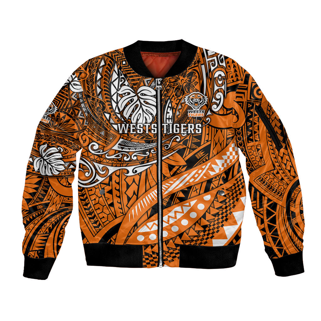 Personalised Wests Tigers Sleeve Zip Bomber Jacket Polynesian Tribal Art Style With Powerful Tiger Mascot